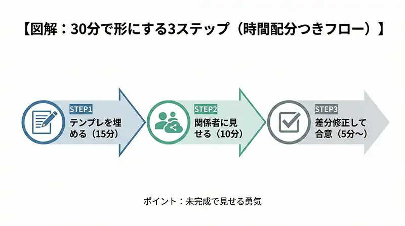図解：30分で形にする3ステップ（時間配分つきフロー）
