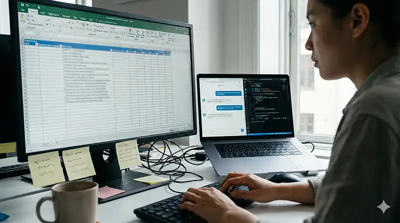 挿絵：AIと要件を詰めながらバイブコーディングしている現場（導入のキービジュアル）